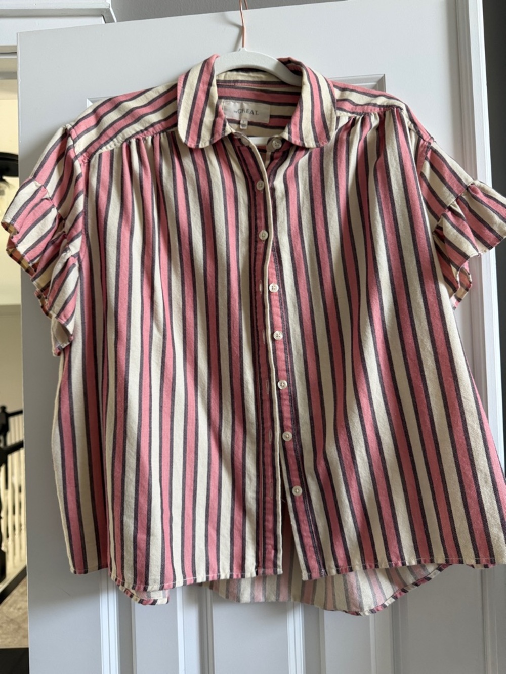 THE GREAT. Pink, Cream & Black Striped Button-Down Blouse